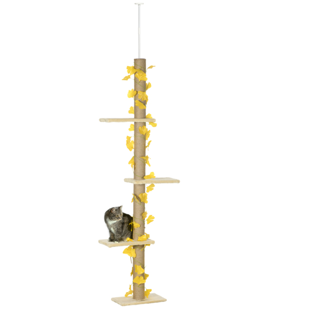 PawHut 202-242cm Height Adjustable Floor to Ceiling Cat Tree for Cats with Sisal Scratching Post, 3- Tier Cat Tower - image 1