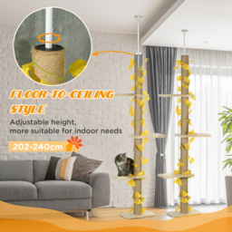 PawHut 202-242cm Height Adjustable Floor to Ceiling Cat Tree for Cats with Sisal Scratching Post, 3- Tier Cat Tower - thumbnail 5