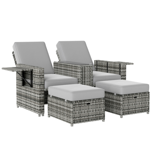 Outsunny Rattan Sun Lounger w/ Storage Tea Table & Footstools, Grey - image 1