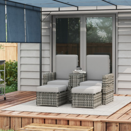 Outsunny Rattan Sun Lounger w/ Storage Tea Table & Footstools, Grey - thumbnail 2