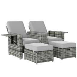 Outsunny Rattan Sun Lounger w/ Storage Tea Table & Footstools, Grey - thumbnail 1