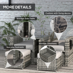 Outsunny Rattan Sun Lounger w/ Storage Tea Table & Footstools, Grey - thumbnail 7