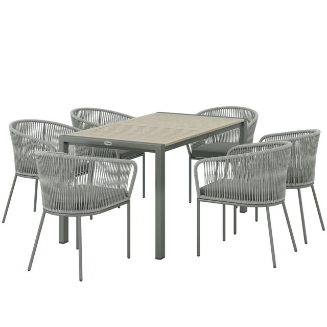 Outsunny Rattan Dining Set, 6 Seater Rattan Garden Furniture Set with Acacia Wood Top Rectangle Table, 6 Chairs, Washable Seat Cushions, for Outdoor, Patio, Conservatory, Grey - image 1