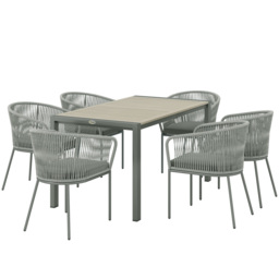 Outsunny Rattan Dining Set, 6 Seater Rattan Garden Furniture Set with Acacia Wood Top Rectangle Table, 6 Chairs, Washable Seat Cushions, for Outdoor, Patio, Conservatory, Grey - thumbnail 1
