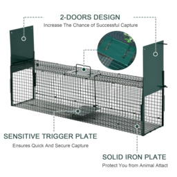PawHut 2-Door Humane Live Trap for Small Animals, Animal Trap for Rat Mise Mink Rabbit Raccoon Gopher Squirrel, Dark Green - Aosom UK - thumbnail 4