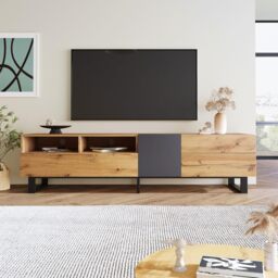 Wooden TV Unit with Storage Compartments and Grain Finish, Media Unit with Shelf for Living Room, Bedroom, 180L x 50W x 38H cm, Natural - Aosom.UK - thumbnail 1