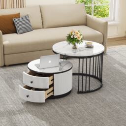 High Gloss Nesting Coffee Table with Marble Pattern Top, Storage Drawers, Modern Round Side Tables for Living Room, Bedroom, White+Black - Aosom.UK - thumbnail 8