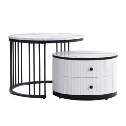 High Gloss Nesting Coffee Table with Marble Pattern Top, Storage Drawers, Modern Round Side Tables for Living Room, Bedroom, White+Black - Aosom.UK - thumbnail 2