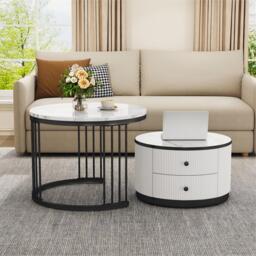 High Gloss Nesting Coffee Table with Marble Pattern Top, Storage Drawers, Modern Round Side Tables for Living Room, Bedroom, White+Black - Aosom.UK