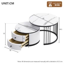 High Gloss Nesting Coffee Table with Marble Pattern Top, Storage Drawers, Modern Round Side Tables for Living Room, Bedroom, White+Black - Aosom.UK - thumbnail 3