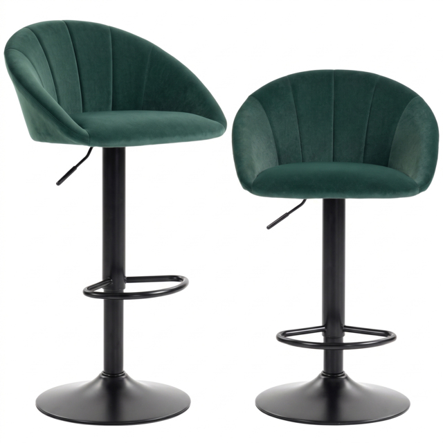 HOMCOM Bar Stools Set of 2 Adjustable Swivel Velvet Breakfast Bar Stools with Backrest, Dark Green - image 1