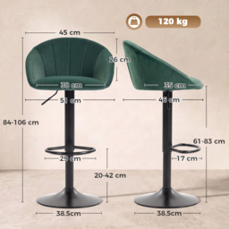 HOMCOM Bar Stools Set of 2 Adjustable Swivel Velvet Breakfast Bar Stools with Backrest, Dark Green - thumbnail 3