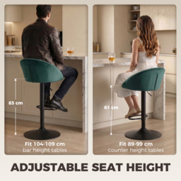 HOMCOM Bar Stools Set of 2 Adjustable Swivel Velvet Breakfast Bar Stools with Backrest, Dark Green - thumbnail 6