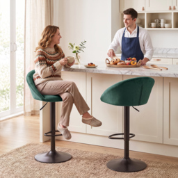 HOMCOM Bar Stools Set of 2 Adjustable Swivel Velvet Breakfast Bar Stools with Backrest, Dark Green - thumbnail 2