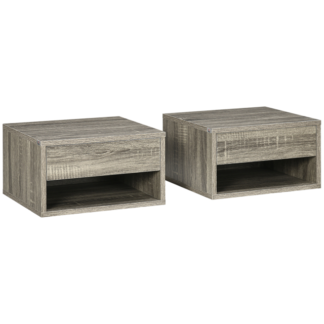 HOMCOM Set of Two Floating Bedside Tables Wall Mounted Nightstands with Drawer and Shelf for Bedroom, Brown Wood-Effect - Aosom UK - image 1