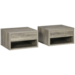 HOMCOM Set of Two Floating Bedside Tables Wall Mounted Nightstands with Drawer and Shelf for Bedroom, Brown Wood-Effect - Aosom UK - thumbnail 1