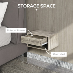 HOMCOM Set of Two Floating Bedside Tables Wall Mounted Nightstands with Drawer and Shelf for Bedroom, Brown Wood-Effect - Aosom UK - thumbnail 6