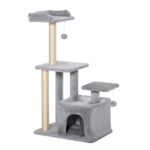 PawHut Feline Fun Tower: 114cm Tall Activity Centre with Scratching Posts, Perch, Dangling Ball & Condo, Light Grey - Aosom UK - image 1