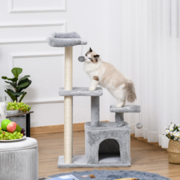 PawHut Feline Fun Tower: 114cm Tall Activity Centre with Scratching Posts, Perch, Dangling Ball & Condo, Light Grey - Aosom UK - thumbnail 9