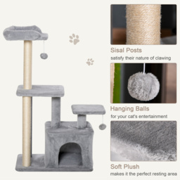 PawHut Feline Fun Tower: 114cm Tall Activity Centre with Scratching Posts, Perch, Dangling Ball & Condo, Light Grey - Aosom UK - thumbnail 5