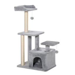 PawHut Feline Fun Tower: 114cm Tall Activity Centre with Scratching Posts, Perch, Dangling Ball & Condo, Light Grey - Aosom UK - thumbnail 1
