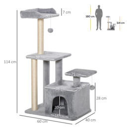 PawHut Feline Fun Tower: 114cm Tall Activity Centre with Scratching Posts, Perch, Dangling Ball & Condo, Light Grey - Aosom UK - thumbnail 3