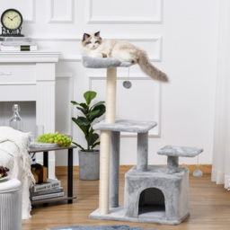 PawHut Feline Fun Tower: 114cm Tall Activity Centre with Scratching Posts, Perch, Dangling Ball & Condo, Light Grey - Aosom UK - thumbnail 2