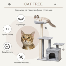 PawHut Feline Fun Tower: 114cm Tall Activity Centre with Scratching Posts, Perch, Dangling Ball & Condo, Light Grey - Aosom UK - thumbnail 4