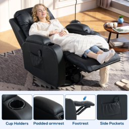 HOMCOM PU Leather Recliner Chair, Recliner Armchair with Extended Footrest, Cup Holders and Side Pockets, Black - thumbnail 7