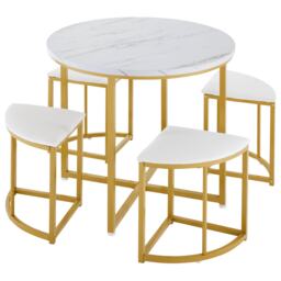 Dining Table and Chairs with 4 Velvet Chairs, MDF Top, Gold-Plated Iron Frame, Ideal for Living Room, 80L x 80W x 75H cm, White+Gold - Aosom UK - thumbnail 2