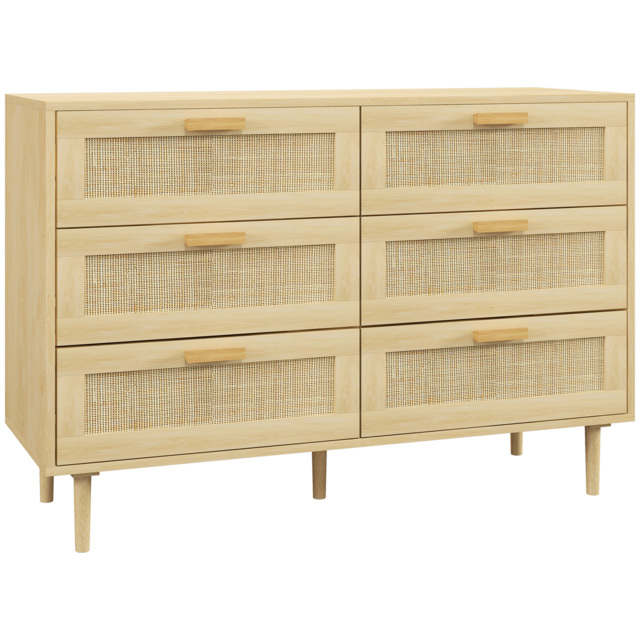 HOMCOM Chest of Drawers, 6-Drawer Dresser, Tall Storage Drawer Unit with Rattan Element for Bedroom, Living Room, Oak - image 1