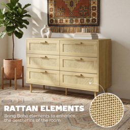 HOMCOM Chest of Drawers, 6-Drawer Dresser, Tall Storage Drawer Unit with Rattan Element for Bedroom, Living Room, Oak - thumbnail 5