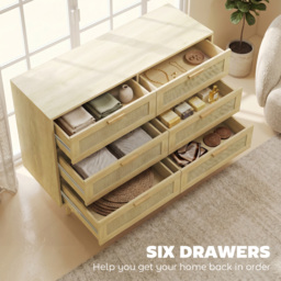 HOMCOM Chest of Drawers, 6-Drawer Dresser, Tall Storage Drawer Unit with Rattan Element for Bedroom, Living Room, Oak - thumbnail 4