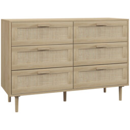 HOMCOM Chest of Drawers, 6-Drawer Dresser, Tall Storage Drawer Unit with Rattan Element for Bedroom, Living Room, Oak - thumbnail 1