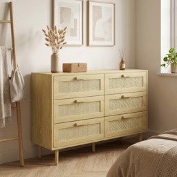 HOMCOM Chest of Drawers, 6-Drawer Dresser, Tall Storage Drawer Unit with Rattan Element for Bedroom, Living Room, Oak - thumbnail 2