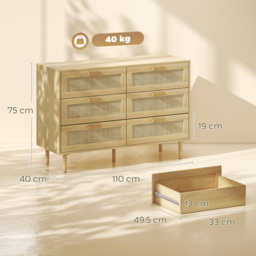 HOMCOM Chest of Drawers, 6-Drawer Dresser, Tall Storage Drawer Unit with Rattan Element for Bedroom, Living Room, Oak - thumbnail 3