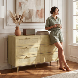 HOMCOM Chest of Drawers, 6-Drawer Dresser, Tall Storage Drawer Unit with Rattan Element for Bedroom, Living Room, Oak - thumbnail 7