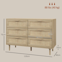 HOMCOM Chest of Drawers, 6-Drawer Dresser, Tall Storage Drawer Unit with Rattan Element for Bedroom, Living Room, Oak - thumbnail 3