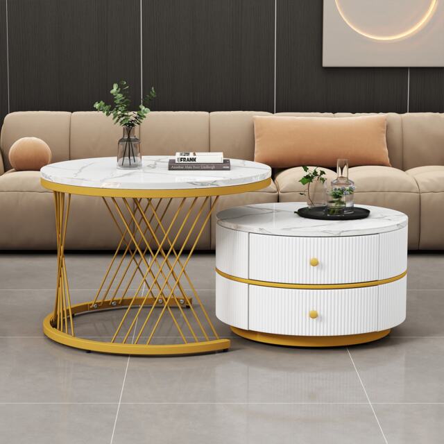 2 Piece Versatile High Gloss Round Nesting Coffee Table Set with Marble Top, Living Room Centre Tables with Storage Drawers, Gold+White - Aosom.UK - image 1