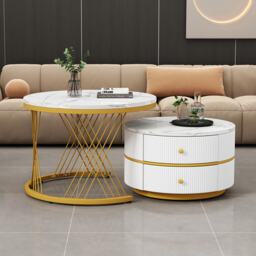 2 Piece Versatile High Gloss Round Nesting Coffee Table Set with Marble Top, Living Room Centre Tables with Storage Drawers, Gold+White - Aosom.UK - thumbnail 1
