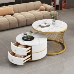 2 Piece Versatile High Gloss Round Nesting Coffee Table Set with Marble Top, Living Room Centre Tables with Storage Drawers, Gold+White - Aosom.UK - thumbnail 8
