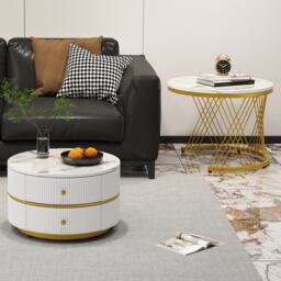 2 Piece Versatile High Gloss Round Nesting Coffee Table Set with Marble Top, Living Room Centre Tables with Storage Drawers, Gold+White - Aosom.UK - thumbnail 9