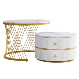 2 Piece Versatile High Gloss Round Nesting Coffee Table Set with Marble Top, Living Room Centre Tables with Storage Drawers, Gold+White - Aosom.UK - thumbnail 2