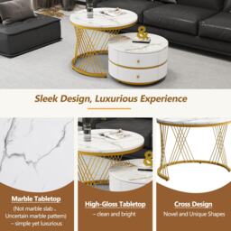 2 Piece Versatile High Gloss Round Nesting Coffee Table Set with Marble Top, Living Room Centre Tables with Storage Drawers, Gold+White - Aosom.UK - thumbnail 5