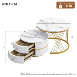 2 Piece Versatile High Gloss Round Nesting Coffee Table Set with Marble Top, Living Room Centre Tables with Storage Drawers, Gold+White - Aosom.UK - thumbnail 3
