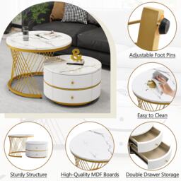 2 Piece Versatile High Gloss Round Nesting Coffee Table Set with Marble Top, Living Room Centre Tables with Storage Drawers, Gold+White - Aosom.UK - thumbnail 6