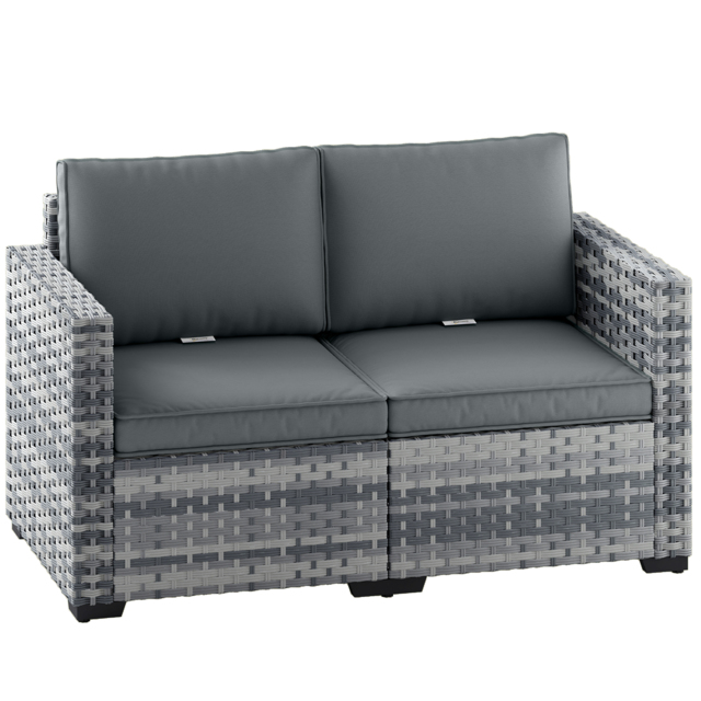 Outsunny 2 Seater Rattan Sofa, Outdoor Garden Sofa with Deep Seat, Cushions, Wide Armrests for Patio, Balcony, Porch, Mixed Grey - image 1