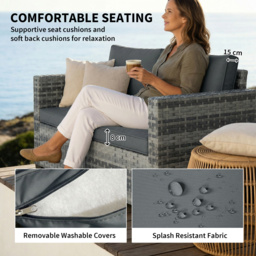 Outsunny 2 Seater Rattan Sofa, Outdoor Garden Sofa with Deep Seat, Cushions, Wide Armrests for Patio, Balcony, Porch, Mixed Grey - thumbnail 6