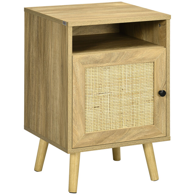 HOMCOM Bedside Table with Rattan Element, Side End Table with Shelf and Cupboard, 39cmx35cmx60cm, Natural - Aosom UK - image 1