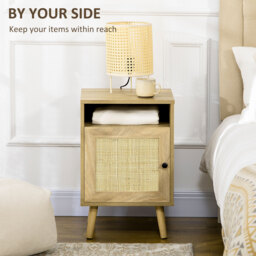 HOMCOM Bedside Table with Rattan Element, Side End Table with Shelf and Cupboard, 39cmx35cmx60cm, Natural - Aosom UK - thumbnail 4